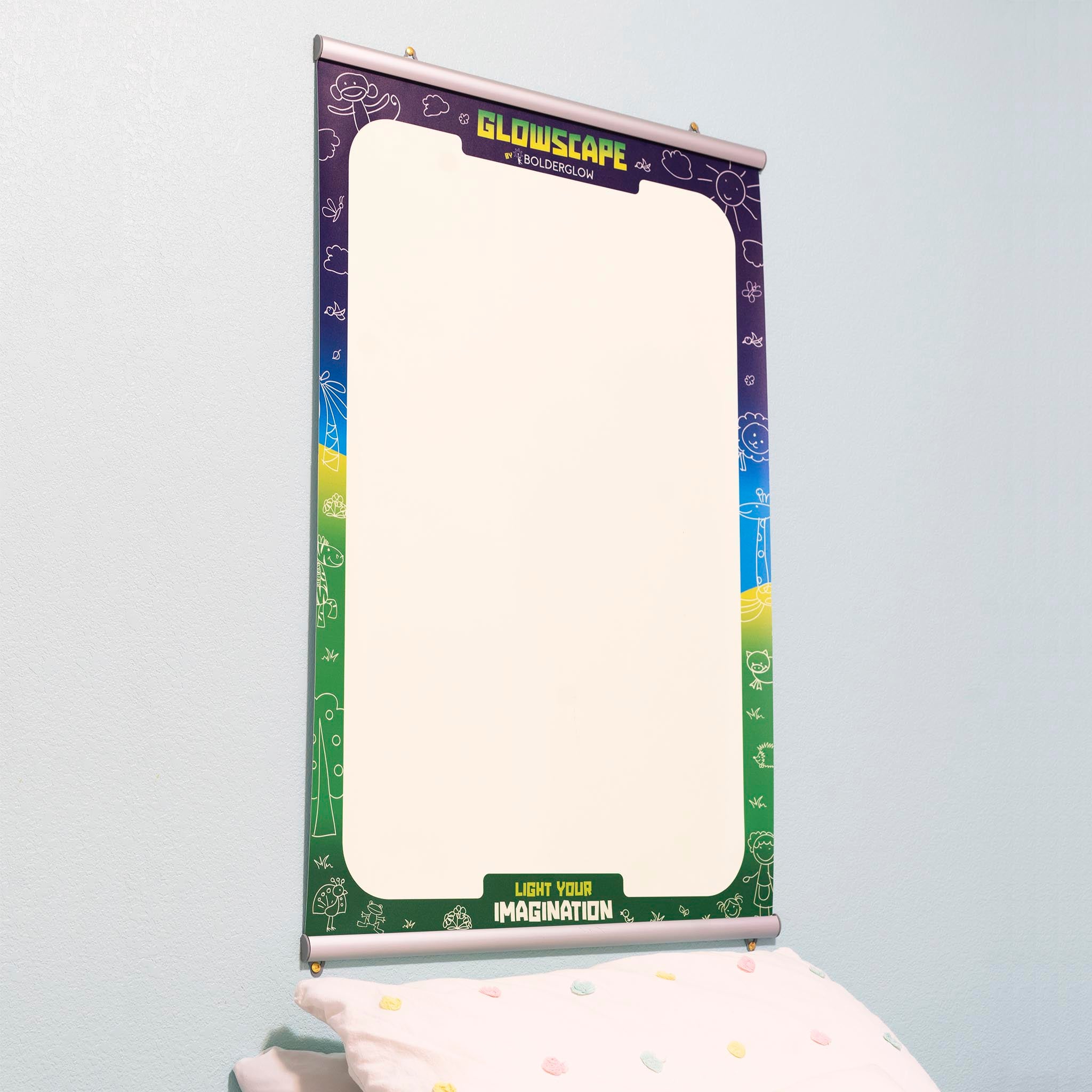 Glowscape Drawing Kit by Bolderglow hanging on the wall in brushed aluminum frame