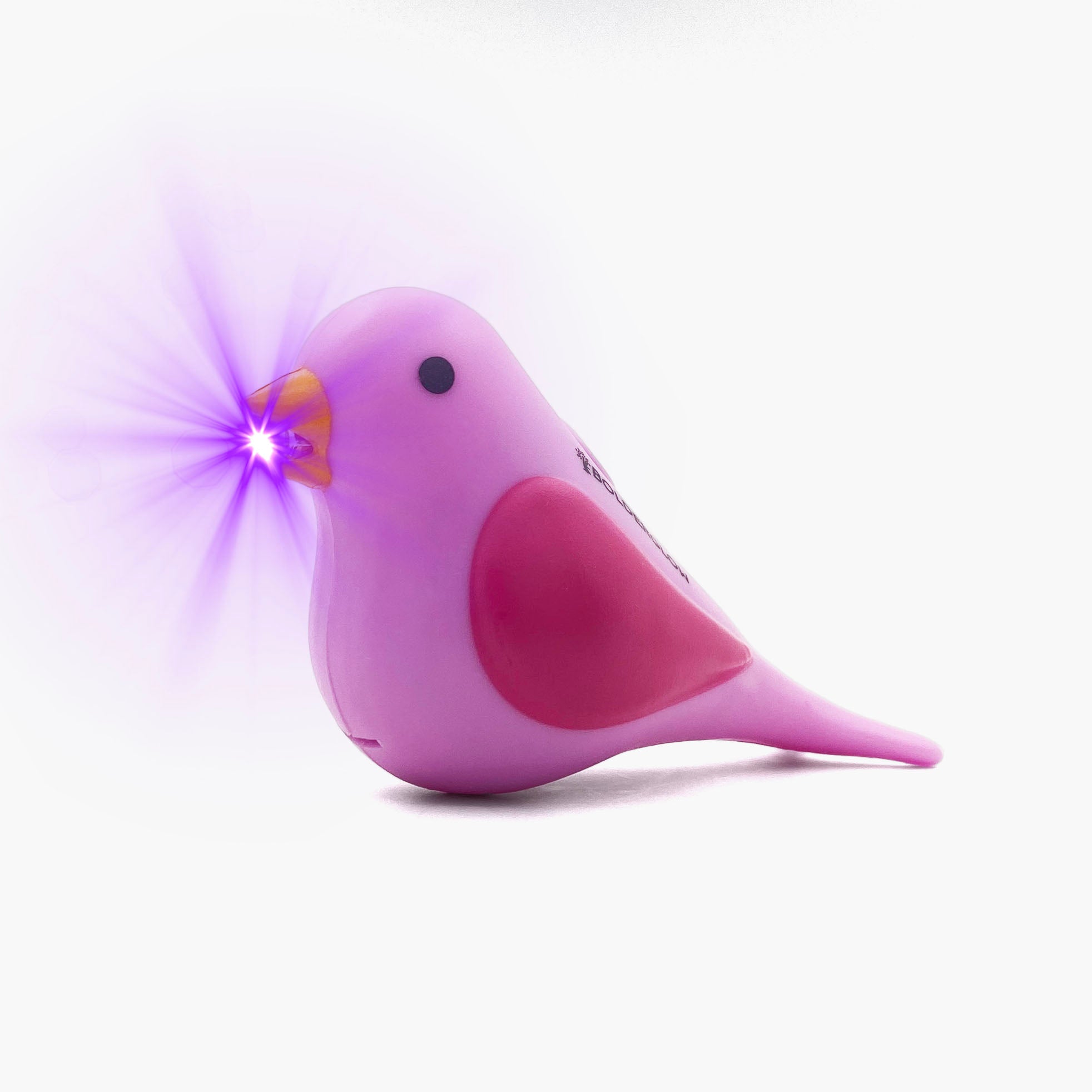 Pink cat shaped pen light with a purple LED facing left at an angle with purple lens flare