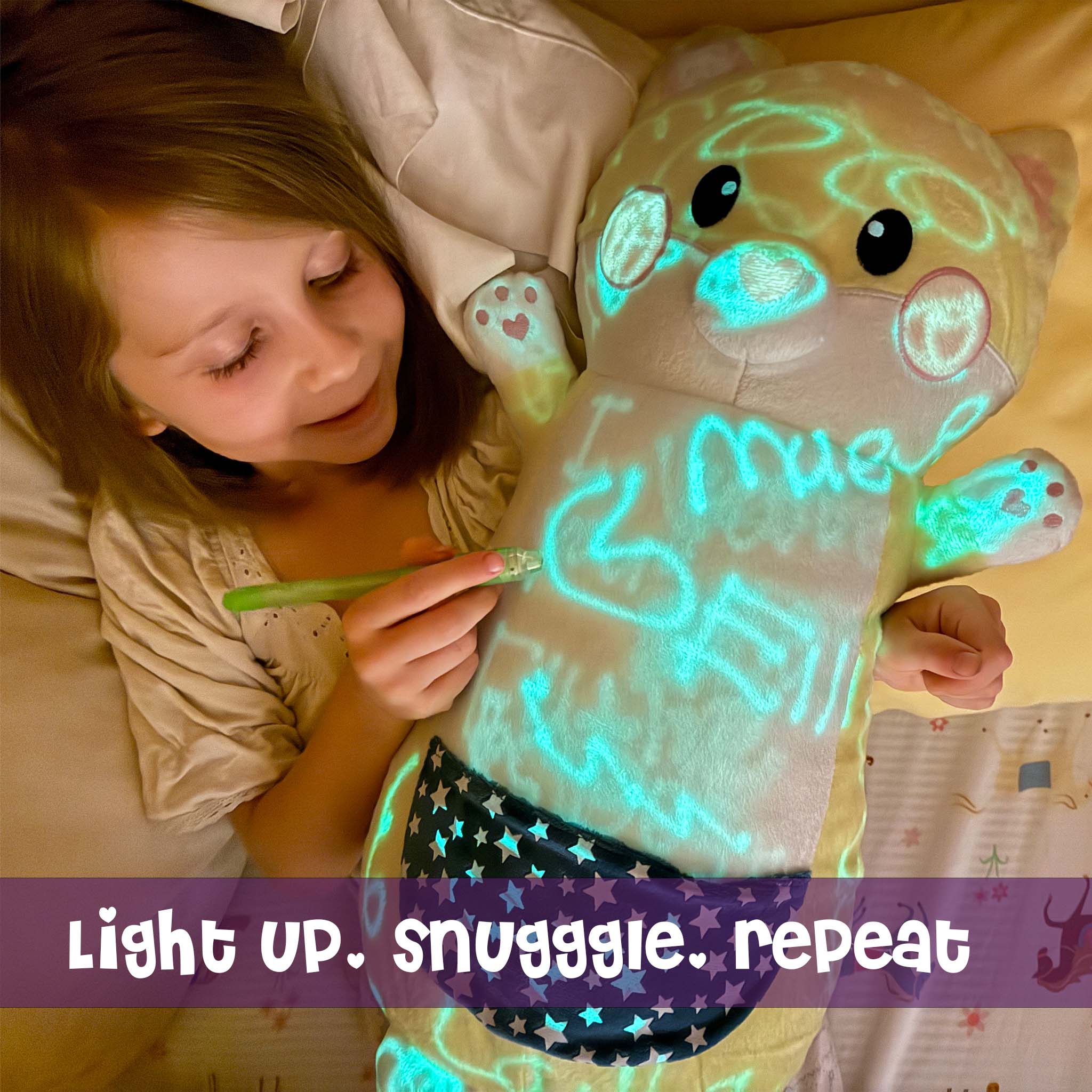 Girl hugging Felix the Fox GlowMate by Bolderglow