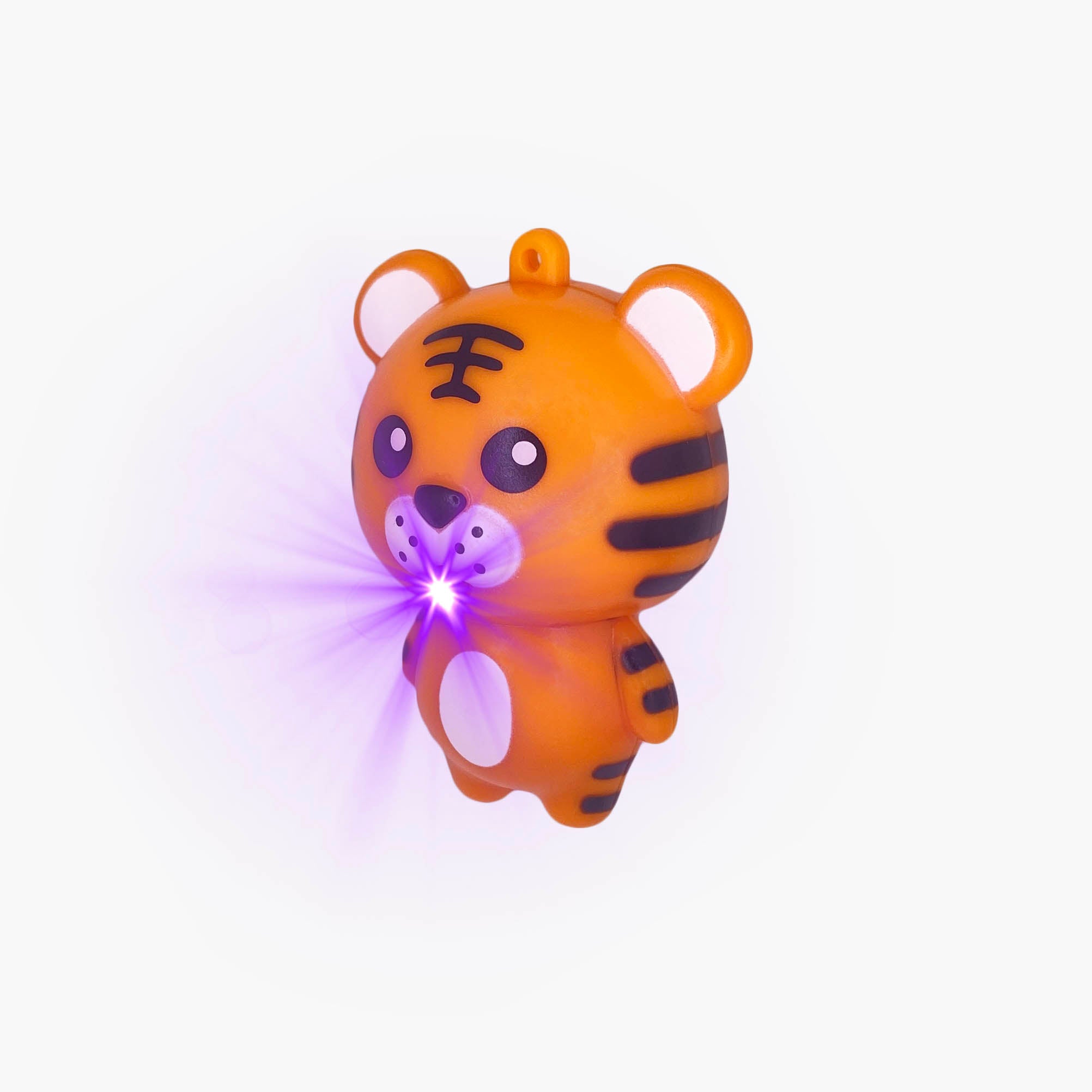 Orange tiger shaped pen light with a purple LED facing left at an angle with purple LED flare