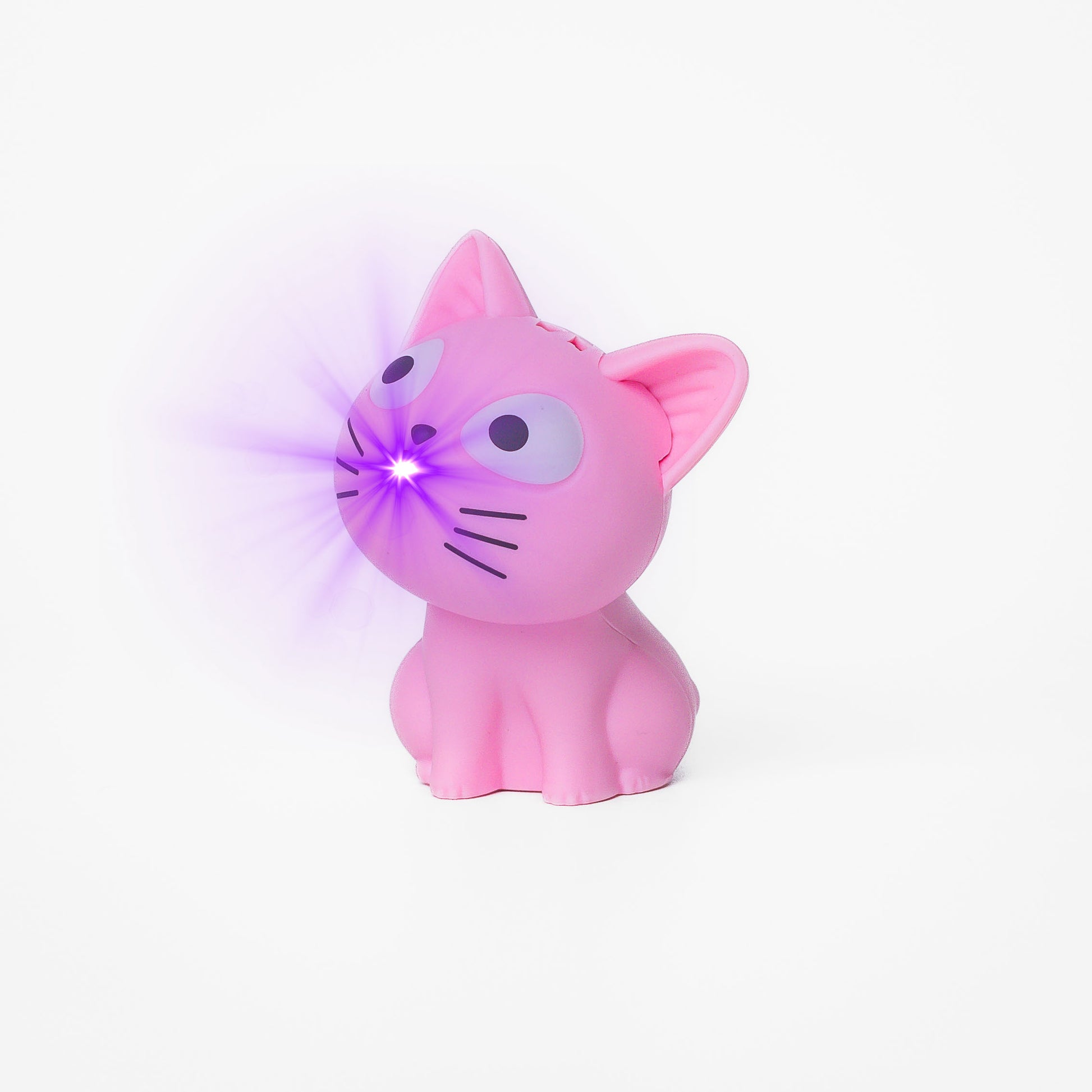 Pink cat shaped pen light with a purple LED facing left at an angle with purple lens flare