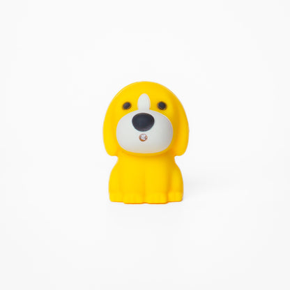 Yellow dog shaped pen light with a purple LED facing forward