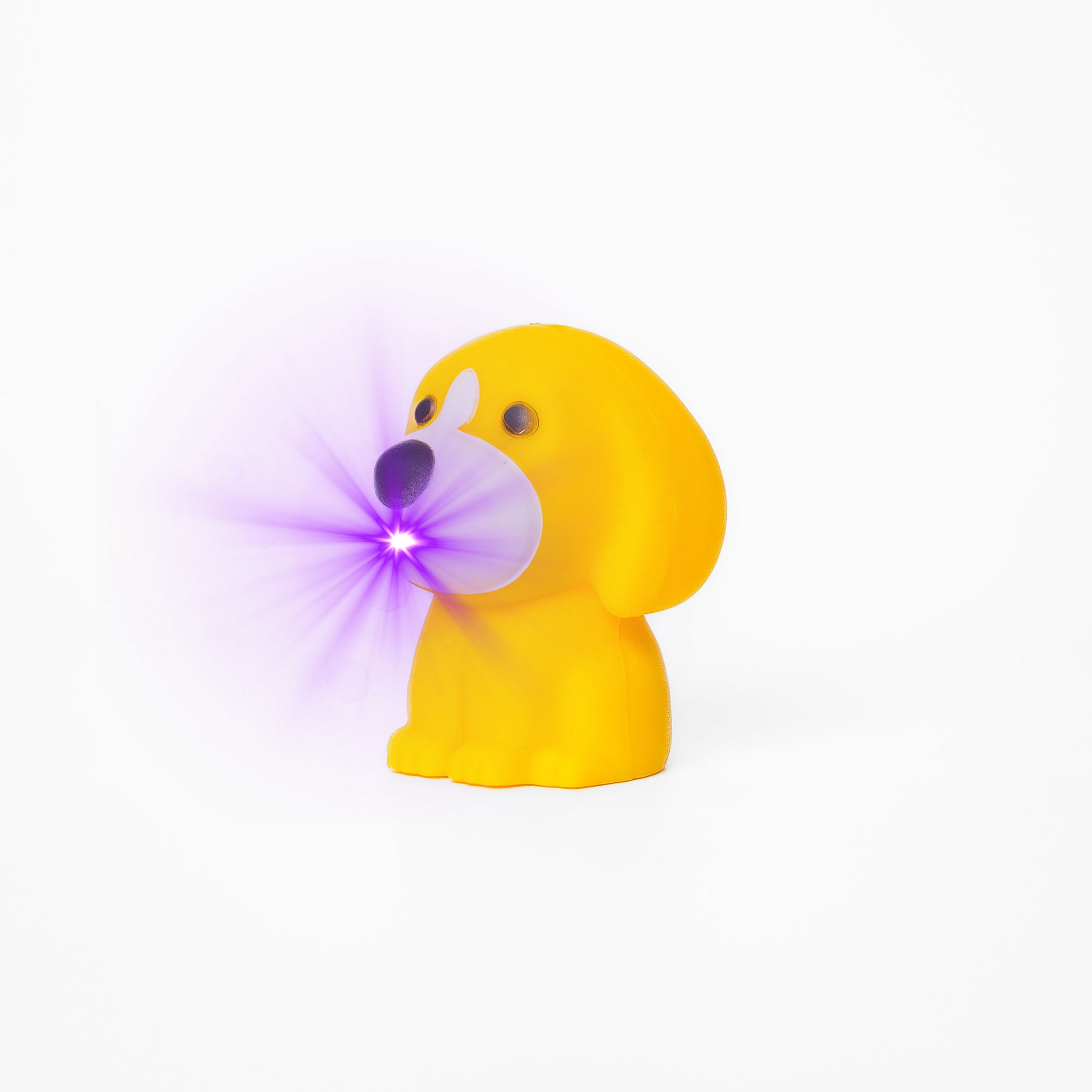 Yellow dog shaped pen light with a purple LED facing left at an angle with purple lens flare