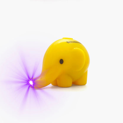 Yellow elephant shaped pen light with a purple LED facing left at an angle with purple lens flare