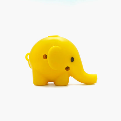 Yellow elephant shaped pen light with a purple LED facing right