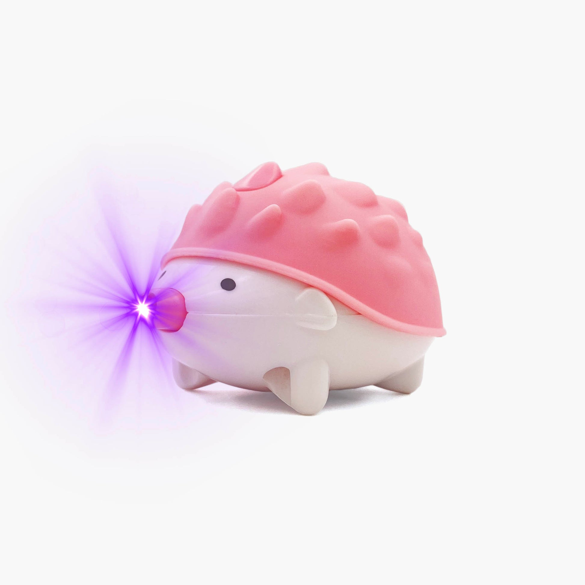 Pink hedgehog shaped pen light with a purple LED facing left at an angle with purple lens flare