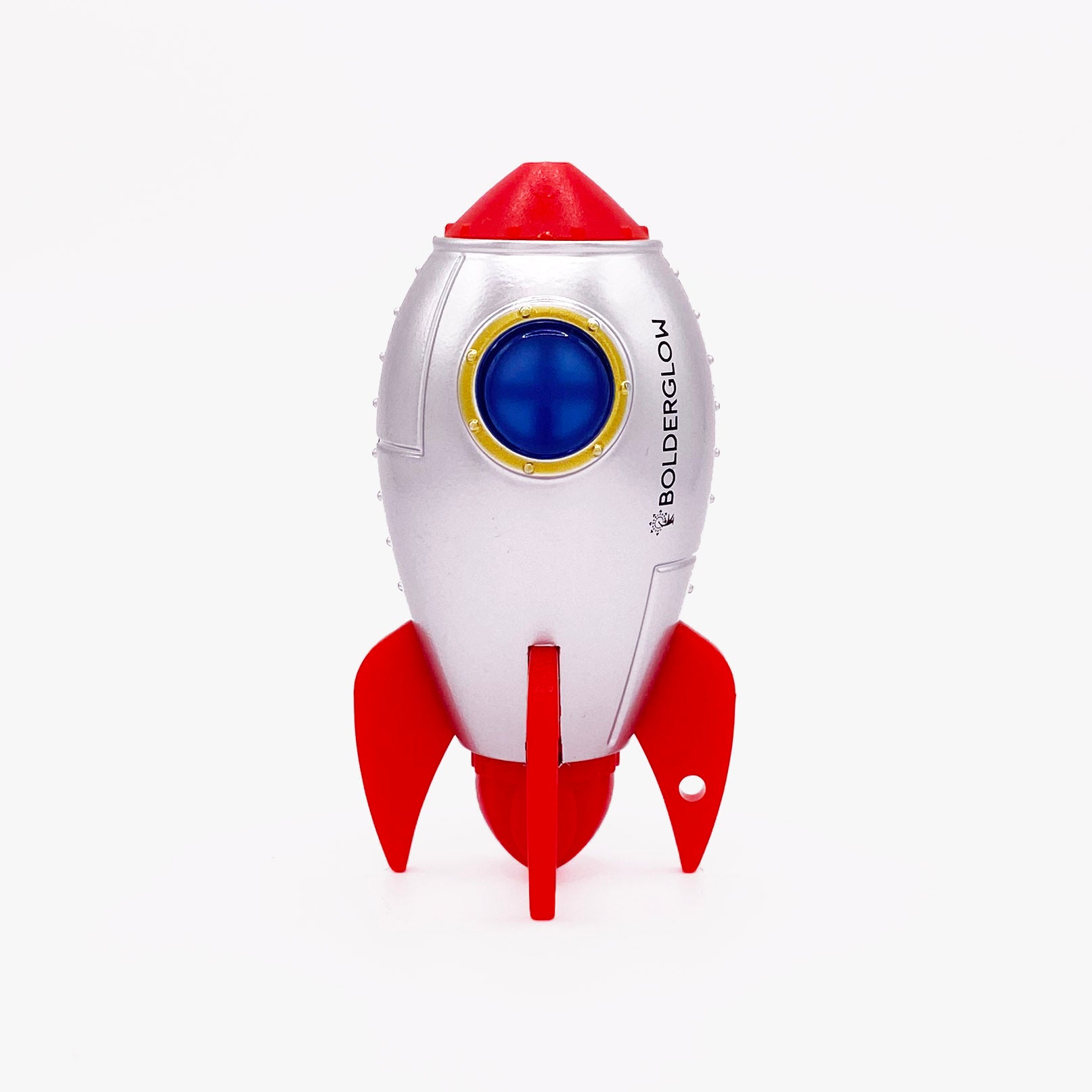 Rocket ship shaped pen light with a purple LED facing forward