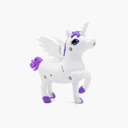 Unicorn shaped pen light with a purple LED facing right at an angle