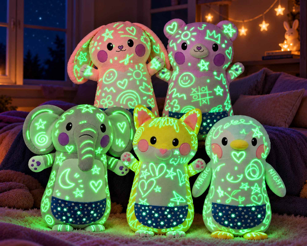 Five plush animal friends covered in glowing drawings